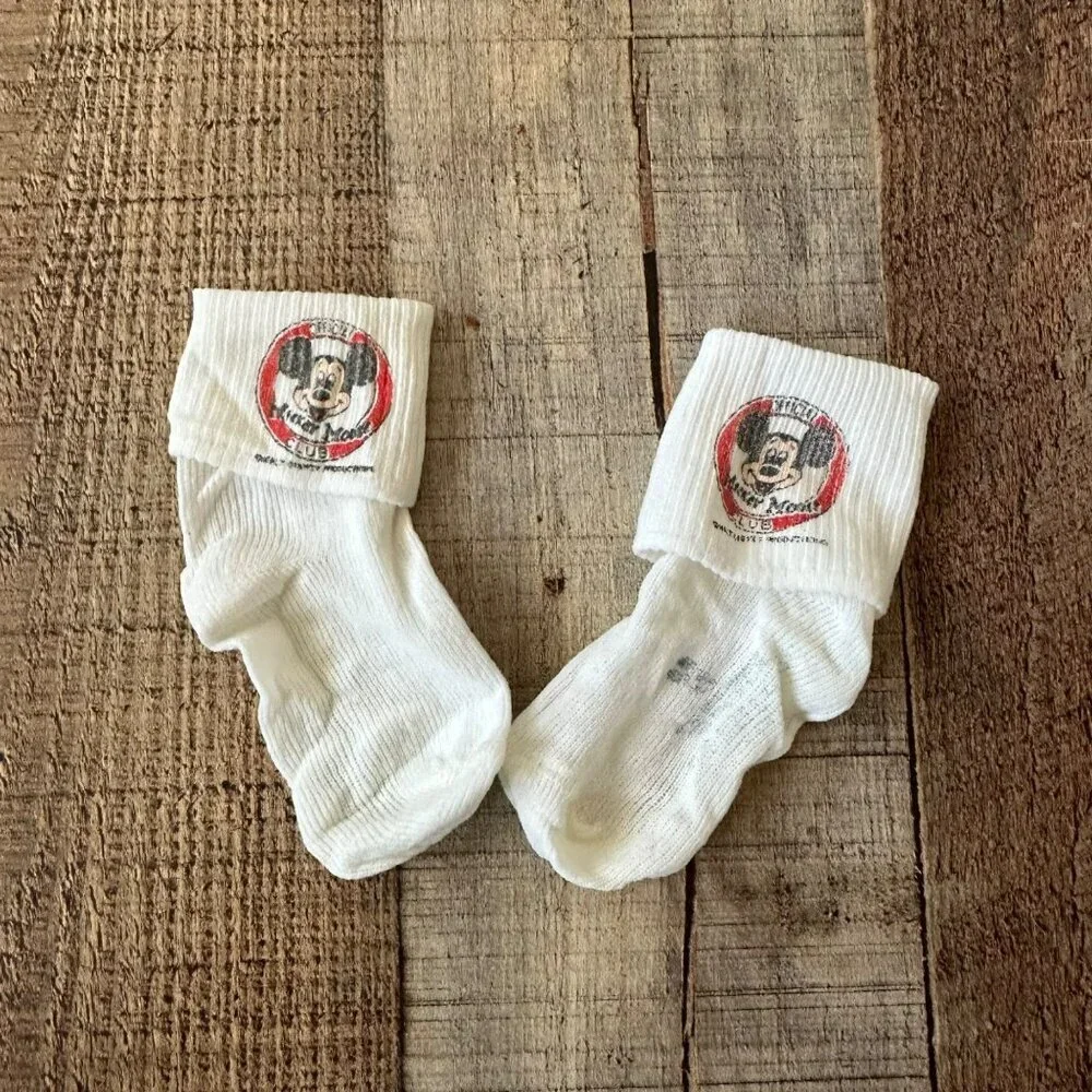 Vintage Walt Disney Mickey Mouse Club Baby Socks Ribbed White Cotton